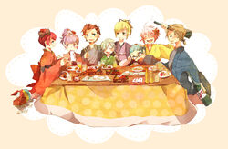  3girls 5boys alcohol asbel_lhant bad_id bad_pixiv_id brothers cheria_barnes commentary_request conoha food hair_ornament hubert_ozwell japanese_clothes kimono kotatsu lambda_(tales) malik_caesars multiple_boys multiple_girls noodles pascal_(tales) photoshop_(medium) richard_(tales) siblings sophie_(tales) table tales_of_(series) tales_of_graces 