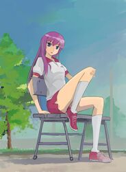  bakemonogatari blue_eyes commentary_request female gym_uniform highres legs long_hair monogatari_(series) pinzu purple_hair red_shorts senjougahara_hitagi shorts sitting sketch solo 