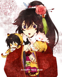  2010 2boys alice_(pandora_hearts) alternate_hairstyle animal_costume animal_print bad_id bad_pixiv_id blonde_hair blush brown_hair chibi costume female flower gilbert_nightray hair_flower hair_ornament holding japanese_clothes kimono long_hair multiple_boys new_year oz_vessalius pandora_hearts photoshop_(medium) ponytail purple_eyes rabbit ruru_(yuzu812) short_hair tiger_costume tiger_print yellow_eyes 