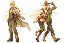  2boys agnesgd alternate_hairstyle anakiss bad_id bad_pixiv_id belt blonde_hair blue_eyes boots braid coat couple double_bun feathers female giorno_giovanna green_eyes green_lips hair_bun hat highres holding_hands irene_(jojo) jojo_no_kimyou_na_bouken lipstick long_coat long_hair makeup midriff multiple_boys nail_polish official_alternate_costume overcoat photoshop_(medium) pink_hair smile stone_ocean straight vento_aureo walking 