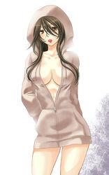  bad_id bad_pixiv_id breasts brown_hair female hood hoodie large_breasts long_hair naked_hoodie original sarasa-sasa solo unzipped 