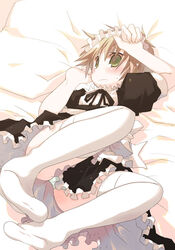  1boy axis_powers_hetalia bad_feet blonde_hair blush commentary_request crossdressing dress green_eyes kosori_(dennoukitan) maid male_focus male_maid otoko_no_ko panties socks solo thighhighs underwear united_kingdom_(hetalia) 