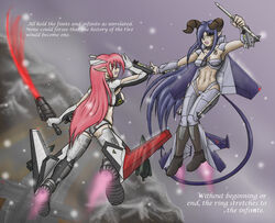  2girls ace_combat ace_combat_zero adfx-02_morgan aircraft airplane bare_arms battle blue_hair breasts commentary_request demon demon_tail duel energy_sword f-15_eagle fairy fangs gloves horns long_hair mecha_musume medium_breasts multiple_girls navel paolo_aninag pink_hair pointy_ears scar signature snow sword tail tattoo text_focus thighhighs weapon white_eyes yellow_eyes 