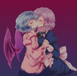  2girls bad_id bad_pixiv_id bat_wings blue_hair braid grey_hair izayoi_sakuya multiple_girls photoshop_(medium) remilia_scarlet rias-shiki_kawaii short_hair touhou twin_braids wings yuri 