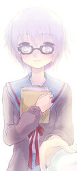  bad_id bad_pixiv_id black_eyes blue_sailor_collar book cardigan female flyer glasses kita_high_school_uniform nagato_yuki photoshop_(medium) purple_hair sailor_collar school_uniform serafuku short_hair smile solo strib_und_werde suzumiya_haruhi_no_shoushitsu suzumiya_haruhi_no_yuuutsu winter_uniform 