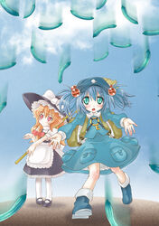  2girls bad_id bad_pixiv_id blonde_hair braid broom cucumber green_eyes hair_bobbles hair_ornament hat kawashiro_nitori kirisame_marisa multiple_girls red_eyes ribbon touhou two_side_up witch_hat zummy 