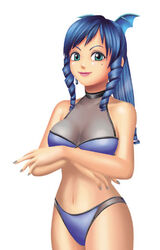  aqua_eyes bad_id bad_pixiv_id bat_wings bikini blue_hair breasts cleavage crossed_arms drill_hair earrings female grey_nails head_wings jewelry large_breasts lipstick long_hair makeup nail_polish naka_(petlasa) ponytail see-through smile solo swimsuit umi_monogatari warin wings 