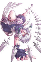  braid commentary_request female gloves grey_hair hairband hiyohiyo_(naga) holster izayoi_sakuya knife maid red_eyes ribbon short_hair solo thigh_holster thigh_strap thighhighs touhou twin_braids 