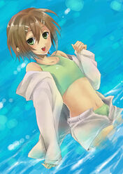  1boy bad_id bad_pixiv_id baka_to_test_to_shoukanjuu bikini bikini_under_clothes brown_hair dutch_angle green_eyes hair_ornament hairclip jacket kinoshita_hideyoshi male_focus off_shoulder open_clothes open_fly open_jacket otoko_no_ko sato_unta short_hair shorts solo swimsuit tankini unzipped wading water white_shorts zipper 