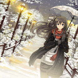  armcho black_eyes black_hair black_shorts coat commentary_request cowboy_shot dutch_angle female gloves lamppost long_hair original pantyhose pantyhose_under_shorts photoshop_(medium) scarf shorts snow snowing solo umbrella wind 