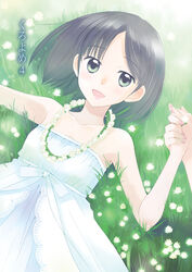  1other :d bare_arms bare_shoulders black_hair breasts clover clover_(flower) collarbone dress female fingernails flower flower_necklace flower_ring flower_wreath green_eyes holding_hands jewelry kazuto_izumi lace-trimmed_dress lace_trim looking_at_viewer lying on_back on_grass on_ground open_mouth original photoshop_(medium) pink_nails ring short_hair small_breasts smile solo_focus strapless strapless_dress white_dress white_flower wreath 