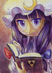  :o beak book bow colored_pencil_(medium) commentary_request cosplay crescent crescent_hair_ornament female hair_ornament hairbow hat long_hair looking_at_viewer medli medli_(cosplay) mob_cap o_den patchouli_knowledge purple_eyes purple_hair rito scan solo the_legend_of_zelda the_legend_of_zelda:_the_wind_waker touhou traditional_media 