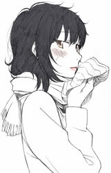  black_hair blush brown_eyes commentary_request female hourou_musuko lipstick makeup monochrome sawa_jaaji scarf short_hair solo spot_color suehiro_anna 