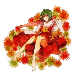  ascot azya bad_id bad_pixiv_id barefoot closed_umbrella feet female flower full_body green_eyes green_hair highres kazami_yuuka legs parasol plaid plaid_skirt plaid_vest shaded_face short_hair simple_background skirt skirt_set smile solo sunflower touhou umbrella vest white_background 