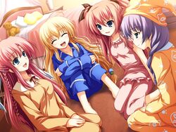  4girls akatsuki_no_goei bed blonde_hair blue_eyes braid closed_eyes game_cg half_updo highres indoors kneeling kurayashiki_tae long_hair multiple_girls nikaidou_aya nikaidou_reika pajamas pink_hair purple_hair sitting sleepover stuffed_animal stuffed_toy teddy_bear tomose_shunsaku tsuki_(akatsuki_no_goei) very_long_hair 