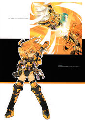  2girls blade_(galaxist) boots character_request drill green_hair gun highres magician&#039;s_academy multiple_girls orange_eyes orange_hair photoshop_(medium) scan short_hair tanarot thighhighs weapon 