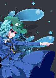  blue_eyes blue_hair breasts commentary_request female hair_bobbles hair_ornament hat highres kawashiro_nitori key medium_breasts pointing short_hair simple_background solo tama_(speedgrapher) touhou twintails two_side_up water 