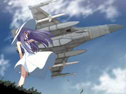  aircraft airplane arm_behind_head cloud commentary_request day dress f-16_fighting_falcon female fighter_jet hand_on_headwear hat jet long_hair military military_vehicle original purple_hair sky solo standing sun_hat sundress vehicle_focus white_dress wind yamano_sachi 