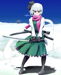  bare_tree buncha_to_imon commentary_request female gimp_(medium) gloves highres konpaku_youmu konpaku_youmu_(ghost) scarf snow solo sword touhou tree weapon winter 