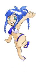  bikini blue_eyes blue_hair chibi commentary_request drill_hair female no_(50401234567) ponytail solo swimsuit umi_monogatari warin 