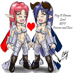  2girls ace_combat ace_combat_zero adfx-02_morgan aircraft airplane bare_arms blue_hair breasts commentary_request demon demon_tail f-15_eagle fairy gloves heart horns irony long_hair mecha_musume medium_breasts multiple_girls navel paolo_aninag photoshop_(medium) pink_hair pointy_ears signature sketch tail text_focus thighhighs weapon white_eyes yellow_eyes 