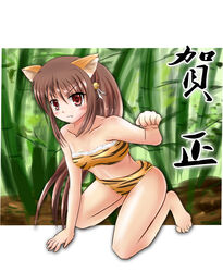  all_fours animal_ears animal_print bikini brown_hair cat_ears commentary female highres little_busters! long_hair natsume_rin new_year oerba_yun_fang paw_pose photoshop_(medium) ponytail rayhwang red_eyes solo swimsuit tiger_print translated 