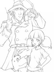  1boy book brain_(inspector_gadget) canine coat commentary_request cyborg family female flerov gadget gloves greyscale hat inspector_gadget line_art lolicon monochrome penny_(inspector_gadget) phone short_twintails trench_coat twintails 