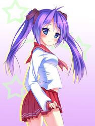  blue_eyes blush breasts commentary_request ebicha female hair_ribbon highres hiiragi_kagami ishikei_(style) long_hair long_sleeves looking_at_viewer looking_back lucky_star medium_breasts midriff miniskirt neckerchief photoshop_(medium) pleated_skirt profile purple_hair red_neckerchief red_sailor_collar red_skirt ribbon ryouou_school_uniform sailor_collar school_uniform serafuku shirt skirt solo standing star_(symbol) thighs tsurime twintails white_shirt 