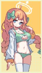  ahoge bikini blue_archive blue_eyes bow breasts cleavage_cutout closed_mouth clothing_cutout cowboy_shot dasa_(bearisalive) female green_bikini green_bow hairbow halo hand_up jacket large_breasts long_hair looking_at_viewer navel open_clothes open_jacket orange_background orange_hair pixel_art shimiko_(blue_archive) solo stomach swimsuit thighhighs very_long_hair white_halo white_jacket white_thighhighs 