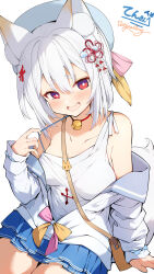  absurdres animal_ear_fluff animal_ears bag bare_shoulders bell blue_beret blue_hat blue_skirt blush bow breasts clothes_pull collarbone commission commissioner_name darjeeling_(reley) female hairbow hat highres large_breasts looking_at_viewer neck_bell oerba_yun_fang open_mouth pink_bow pulling_own_clothes red_eyes second-party_source shirt shoulder_bag signature simple_background sitting skeb_commission skin_fang skirt sleeves_past_wrists solo vrchat white_background white_shirt 