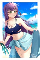  absurdres artist_name bikini blue_bikini blue_sarong blue_sky border breasts cleavage cloud collarbone commentary_request cowboy_shot female green_eyes grin hair_down highres holding_sandals large_breasts link!_like!_love_live! long_hair love_live! midriff multi-strapped_bikini_top navel official_alternate_costume official_alternate_hairstyle otomune_kozue outdoors outside_border purple_hair sarong sarong_hold sidelocks signature ska.harumi sky smile solo swimsuit virtual_youtuber white_border 