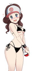  :d alternate_costume antenna_hair bikini black_bikini black_choker blue_eyes breasts brown_hair choker commentary eyelashes female hat heart highres hilda_(pokemon) holding holding_poke_ball long_hair looking_at_viewer open_mouth own_hands_together pabsmikan poke_ball poke_ball_(basic) pokemon pokemon_bw raised_eyebrows side-tie_bikini_bottom sidelocks smile solo swimsuit white_hat wristband 