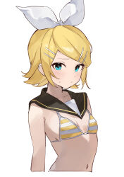  bikini black_sailor_collar blonde_hair blue_eyes breasts closed_mouth female hair_ornament hair_ribbon hairclip highres horizontal-striped_bikini kagamine_rin looking_at_viewer meme_attire miku_collar_bikini navel rakugaki_ningen ribbon sailor_collar short_hair simple_background small_breasts solo striped_bikini striped_clothes swimsuit upper_body vocaloid white_background white_ribbon 