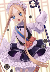  abigail_williams_(fate) abigail_williams_(festival_outfit)_(fate) alternate_costume black_skirt blonde_hair blue_eyes braid breasts dress enmaided fate/grand_order fate_(series) female forehead highres keyhole layered_skirt long_hair looking_at_viewer maid maid_headdress open_mouth parted_bangs ryofuhiko sash sidelocks skirt sleeves_past_fingers sleeves_past_wrists small_breasts smile solo stuffed_animal stuffed_toy teddy_bear very_long_hair white_dress 