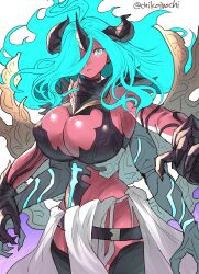  black_horns blue_hair body_markings breasts chikoinochi cleavage colored_skin extra_arms female granblue_fantasy hair_over_one_eye highres horns large_breasts red_skin solo versusia_(granblue_fantasy_versus:_rising) 