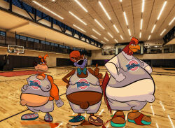  2024 anthro avian ball basketball basketball_(ball) basketball_uniform belly big_belly bird canid canine canis cartoon_network chicken clothing domestic_dog foghorn_leghorn fox fox_kids frankenfox galliform gallus_(genus) group hi_res looney_tunes male mammal moxy_(the_moxy_show) navel nipple_outline outie outie_navel overweight overweight_anthro overweight_male phasianid raccoonranch sport sportswear trio uniform warner_brothers 