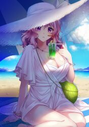  absurdres beni8h blue_sky breasts cleavage cup female food fruit hat highres large_breasts looking_at_viewer melon outdoors pink_hair purple_eyes saigyouji_yuyuko saigyouji_yuyuko_(seamless_swimsuit_ghost) sitting sky solo sun_hat touhou touhou_lostword 