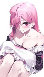  ahoge ako_ko_(yaguo) bare_shoulders black_pajamas breasts collarbone commentary female hair_over_one_eye highres knees knees_up legs long_hair looking_at_viewer original pajamas pink_eyes pink_hair simple_background solo thighs white_background yaguo 