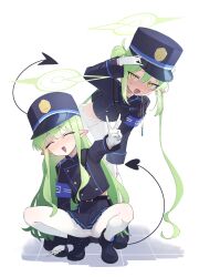  2girls :d ^_^ absurdres armband black_footwear black_hat black_jacket blue_archive blue_armband bongnom closed_eyes commentary_request demon_tail full_body gloves green_hair green_halo halo hat highres hikari_(blue_archive) jacket long_hair looking_at_viewer multiple_girls nozomi_(blue_archive) open_mouth pantyhose pointy_ears shoes siblings sidelocks simple_background sisters smile squatting standing tail twins twintails v white_background white_gloves 