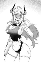  apron breasts curled_horns earrings embarrassed female hair_ornament highres horns jewelry long_hair looking_at_viewer maid monochrome multicolored_hair multicolored_horns ngo_flamingo one-piece_swimsuit one_piece oni smile solo swimsuit thighhighs white_hair yamato_(one_piece) 