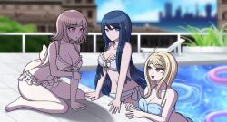  3girls :d :o absurdres ahoge akamatsu_kaede animal_bag backpack bag bare_shoulders barefoot bikini blonde_hair blue_eyes blue_hair breasts brown_hair cat_bag cleavage collarbone danganronpa:_trigger_happy_havoc danganronpa_(series) danganronpa_2:_goodbye_despair danganronpa_v3:_killing_harmony frilled_bikini frills fulltimeangel13 hair_ornament highres large_breasts long_hair maizono_sayaka medium_hair mole mole_on_breast multiple_girls musical_note musical_note_hair_ornament nanami_chiaki no_hair_ornament official_alternate_costume outdoors pink_bag pink_eyes smile swimsuit water 