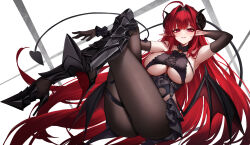  armored_boots armpits azur_lane black_footwear black_gloves black_hairband black_horns black_pantyhose blush boots breasts commentary_request curled_horns eternity_(shadeh) female gloves hairband high_heel_boots high_heels highres hindenburg_(azur_lane) horns large_breasts long_hair looking_at_viewer pantyhose parted_lips pointy_ears red_eyes red_hair sideboob smile solo tail thighs white_background wings 