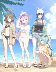  4girls applepie_(12711019) aqua_hair arius_squad_(blue_archive) atsuko_(blue_archive) atsuko_(swimsuit)_(blue_archive) bare_legs baseball_cap beach bead_bracelet beads bikini black_bikini black_camisole black_choker black_hair blue_archive blue_hair blush bracelet breasts brown_hair camisole choker cleavage collarbone colored_inner_hair commentary denim denim_shorts eyewear_on_head flip-flops flower grin hair_flower hair_ornament hair_over_one_eye halo hat highres hiyori_(blue_archive) hiyori_(swimsuit)_(blue_archive) jacket jacket_over_swimsuit jewelry large_breasts looking_at_viewer medium_breasts misaki_(blue_archive) misaki_(swimsuit)_(blue_archive) multicolored_hair multiple_girls navel one_eye_covered outdoors palm_leaf pink_hair sand_castle sand_sculpture sandals saori_(blue_archive) saori_(swimsuit)_(blue_archive) see-through see-through_jacket short_shorts shorts single_bare_shoulder small_breasts smile squatting standing starfish stomach striped_clothes striped_jacket sunglasses swimsuit toes two-tone_hair v vertical-striped_clothes vertical-striped_jacket white_bikini white_hat 