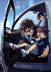  3boys black_hair black_necktie black_suit blue_eyes bow bowtie brown_hair car catching edogawa_conan eye_contact glasses grey_shorts hagiwara_kenji highres leaning_forward lolicon looking_at_another looking_over_eyewear male_focus matsuda_jinpei meitantei_conan motion_blur motor_vehicle multiple_boys necktie one_eye_closed open_hand open_mouth purple_eyes red_bow red_bowtie red_footwear remsor076 shoes short_hair shorts signature sitting sneakers suit sunglasses sweatdrop teeth thrown twitter_username 