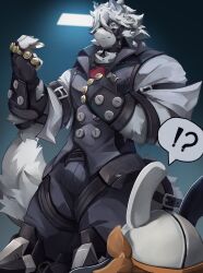  2024 ?! absurd_res anthro bangboo belt big_muscles bottomwear canid canine canis claws clothed clothing duo eous_(zenless_zone_zero) fingerless_gloves fur gloves hair handwear hi_res kemono knee_pads looking_at_another machine makowolf1 male mammal mask mihoyo muscular muscular_anthro muscular_male pants robot shirt simple_background size_difference smile solo_focus speech_bubble standing straps topwear tuft vest von_lycaon wolf zenless_zone_zero 