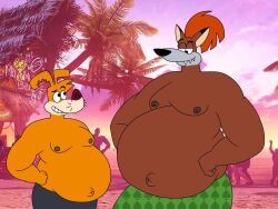  2024 anthro beach belly big_belly canid canine canis cartoon_network clothing domestic_dog duo fox fox_kids frankenfox looking_at_another male mammal moxy_(the_moxy_show) navel outie outie_navel overweight overweight_anthro overweight_male size_difference swimming_trunks swimwear tropical wolfox90210 