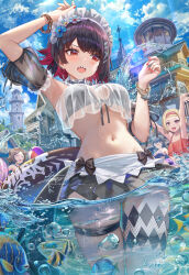  4girls air_bubble arm_up bikini black_bikini black_hair bubble colored_inner_hair detached_sleeves ellen_joe fins fish_tail hand_up highres looking_to_the_side lynn_(zenless_zone_zero) maid_headdress mole mole_under_eye monna_(zenless_zone_zero) multicolored_hair multiple_girls navel open_mouth outdoors red_eyes red_hair ruby_(zenless_zone_zero) see-through see-through_sleeves shark_girl shark_tail sharp_teeth short_hair short_sleeves signature solo_focus stomach swim_ring swimsuit tail teeth torino_aqua twitter_username zenless_zone_zero 