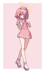  blue_archive blush_stickers clipboard dasa_(bearisalive) dress female full_body halo hat holding holding_clipboard looking_at_viewer nurse nurse_cap open_mouth pink_background pink_dress pink_eyes pink_hair pixel_art serina_(blue_archive) short_hair short_sleeves solo standing white_footwear yellow_halo 