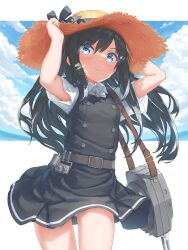  adapted_costume asashio_(kancolle) asashio_kai_ni_(kancolle) belt black_belt black_dress black_hair blue_eyes blue_sky cloud cowboy_shot dress female hat hayashi_naoharu highres kantai_collection long_hair neck_ribbon panties panty_peek pinafore_dress pleated_dress ribbon school_uniform shirt short_sleeves sky sleeveless sleeveless_dress smile solo standing straw_hat sun_hat underwear very_long_hair white_panties white_shirt 