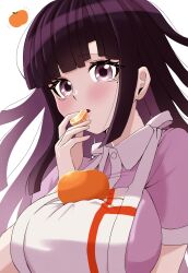  apron blush breasts collared_shirt danganronpa_(series) danganronpa_2:_goodbye_despair eating female food food_on_body food_on_breasts fruit hand_up highres holding holding_food large_breasts long_hair mole mole_under_eye mozuku_(iiiiiiimomo) orange_(fruit) pink_eyes pink_hair pink_shirt puffy_short_sleeves puffy_sleeves shirt short_sleeves solo tsumiki_mikan two-tone_shirt white_apron white_background 